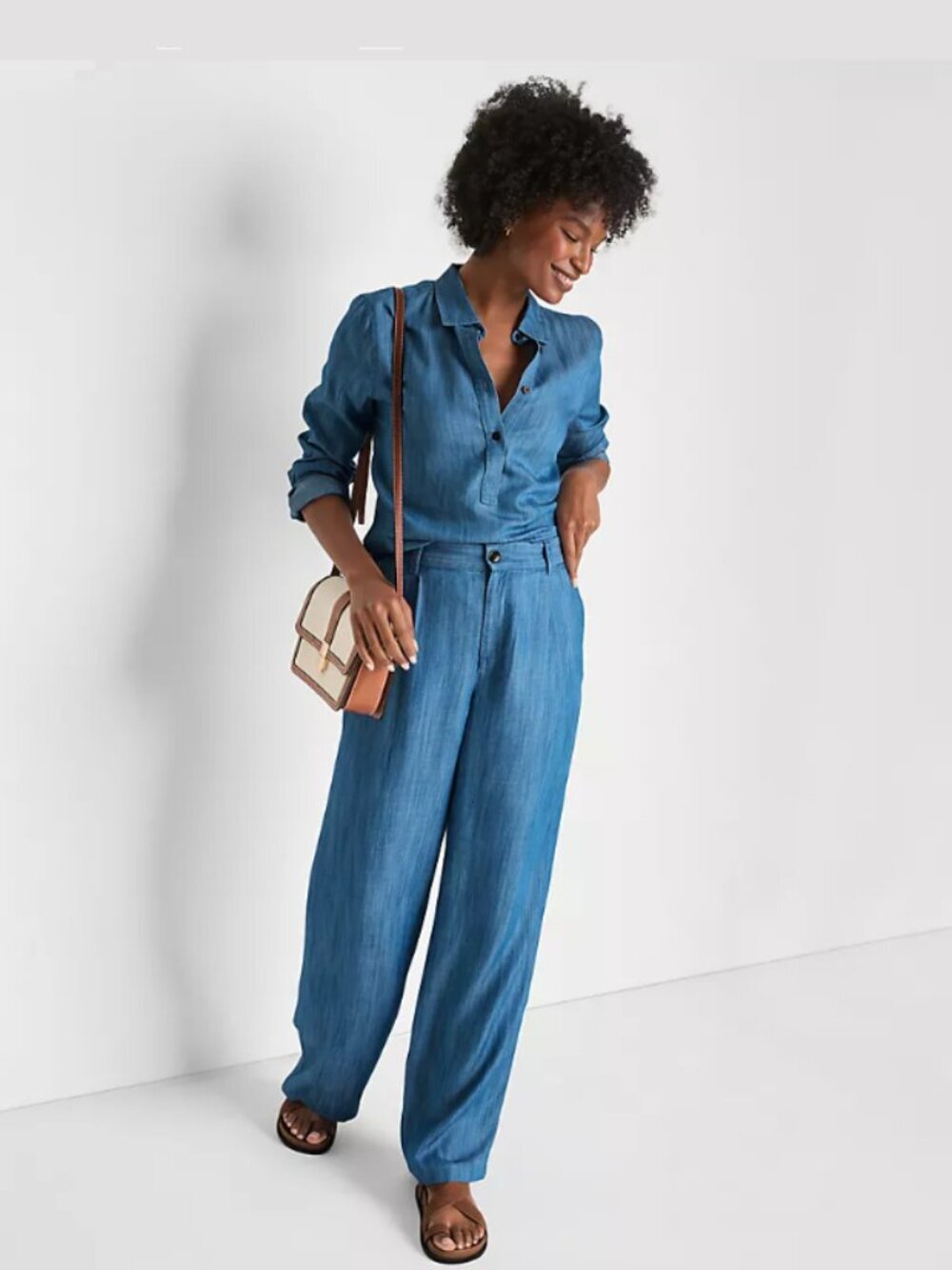 Lands' End Women's High Rise Blue Chambray Pleated Wide Leg Trouser Size 14
